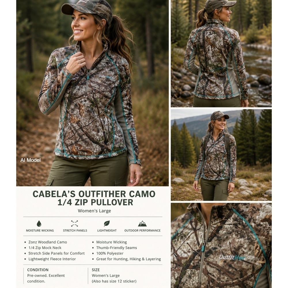 Cabelas‎ OutfitHer Zonz Woodlands Camo 1/4 Zip Pullover Womens Large Performance